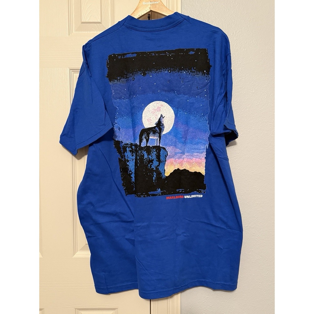 Vintage 90s Marlboro Unlimited Wolf T-Shirt Mens OS Blue Pocket Made In USA OSFA